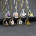 Vintage Natural Stone Crystal Moon Pendant Necklace with Black Tourmaline Chain Hip Hop Jewelry for Women and Men