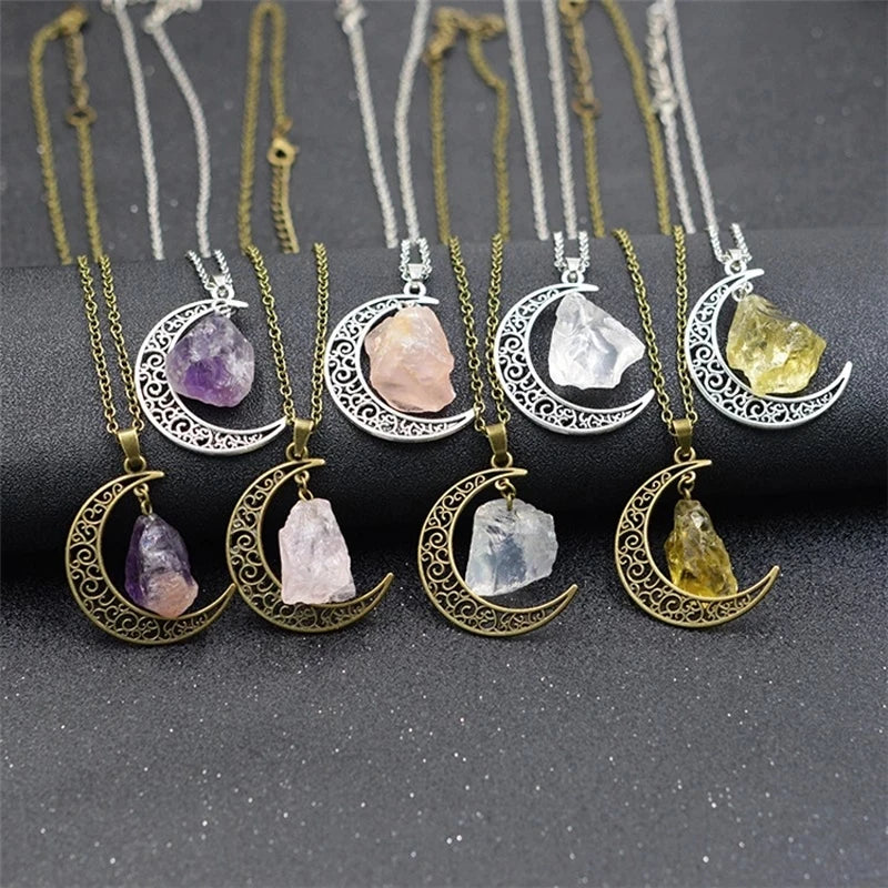 Vintage Natural Stone Crystal Moon Pendant Necklace with Black Tourmaline Chain Hip Hop Jewelry for Women and Men