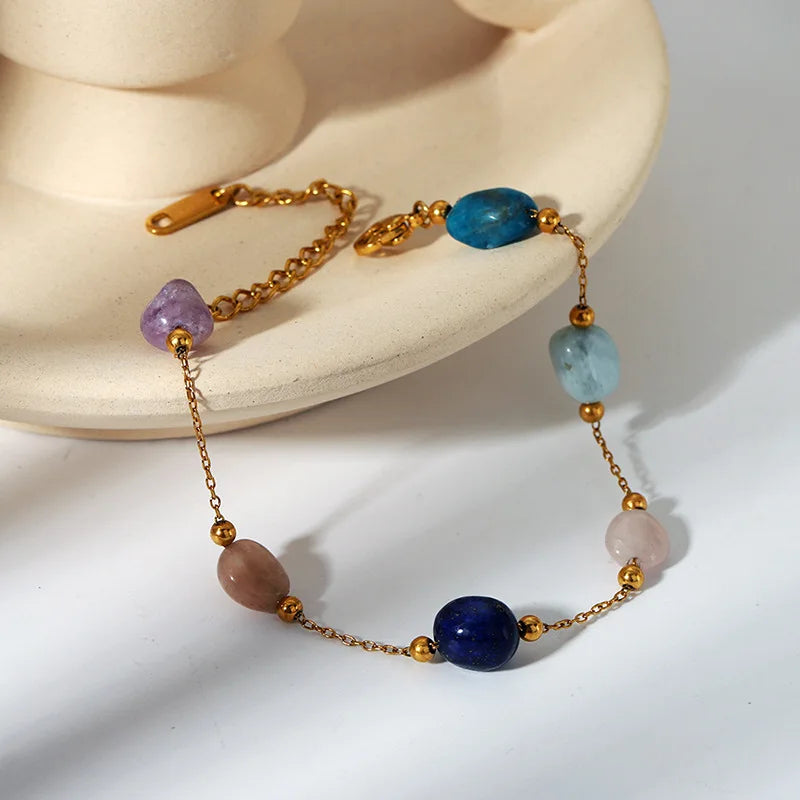 Trending Products 2025 New Arrivals 8mm Natural Stone 18K Gold Plated Stainless Steel Bracelet for Girls