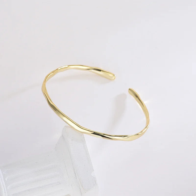 Simple Smooth 925 Sterling Silver Bracelet Irregular Gold Plated Open Adjustable Bangle for Women's Party Wedding Gift Jewelry