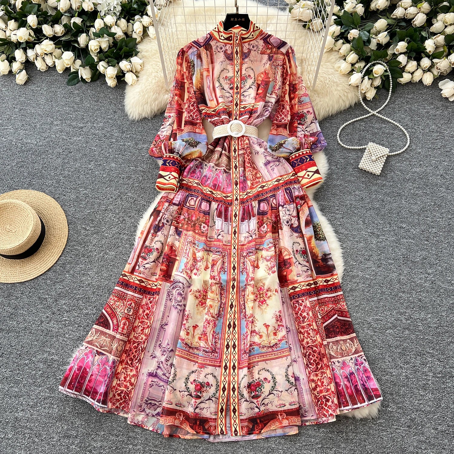 LW0928 Small Premium Sense Stand Collar Waist Waist Lantern Sleeve Printed Long Swing Fashion Dress 2025 Spring Elegant Dresses