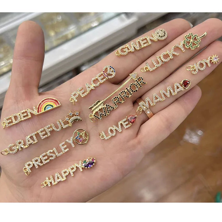 CZ8726 Dainty 18k Gold Diamond CZ Micro Pave Letter Words Grateful Lucky Joy Spiritual Charms Pendant for Jewelry Making