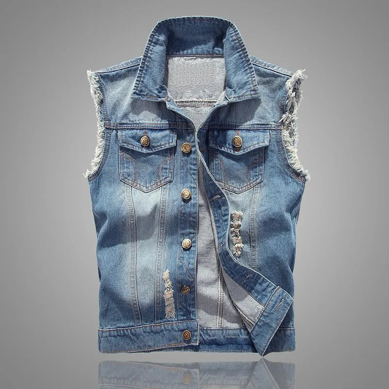 Denim Sleeveless Jacket Men Fashion Ripped Cotton Jean Vests Gilet Casual Jeans Waistcoat Cowboy Hip Hop Streetwear Clothing
