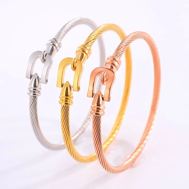 Wholesale Punk U Shape Twist Plain Cuff Buckle Bangles 18K Gold Plated Stainless Steel Wire Line Horseshoe Bangles