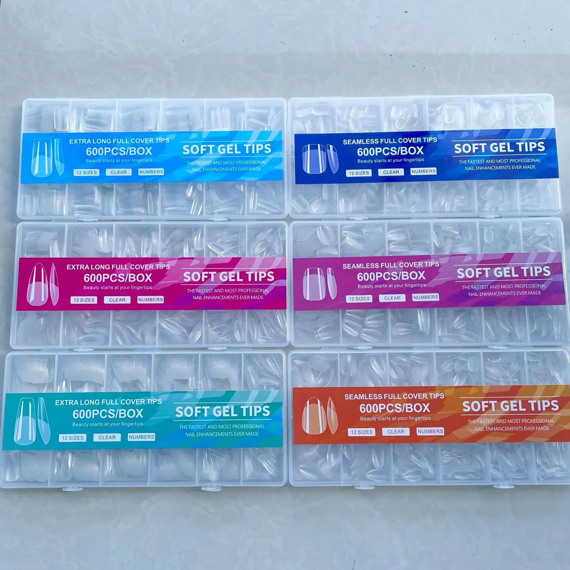BIN Clear Gel Nail Tips 600pcs Per Box 12 Sizes Design Nail Tips Acrylic Material with 6 Styles