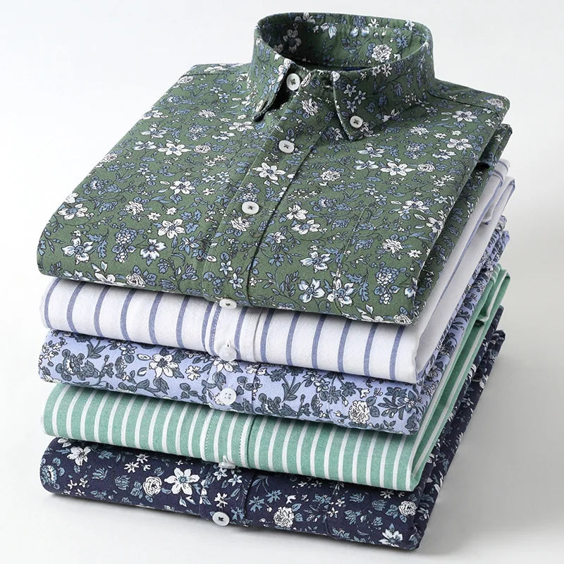 RNSHANGER Men's Flowers Oxford Cotton Beach Floral Printed Hawaiian Dress Shirts Pocket Design Long Sleeve Standard-fit Shirt
