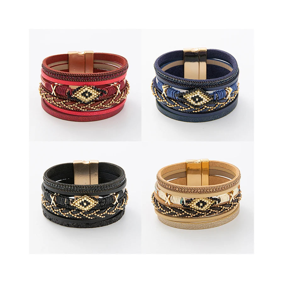 Ladies Accessories Boho Style Multi-layer Leather Woven Bracelet Seed Bead Devil's Eye Bracelet