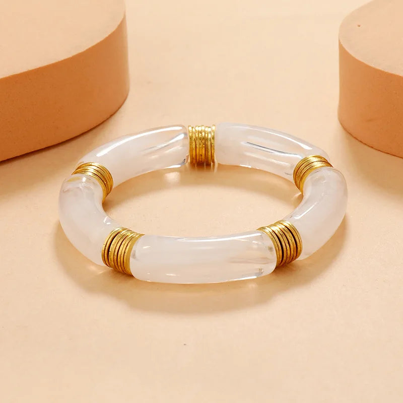 YL Bohemian Style Colored Marble Resin Bangle Fashion Jewelry Eco-friendly Metal Spacer Tube Bead Acrylic Bracelet Wholesale