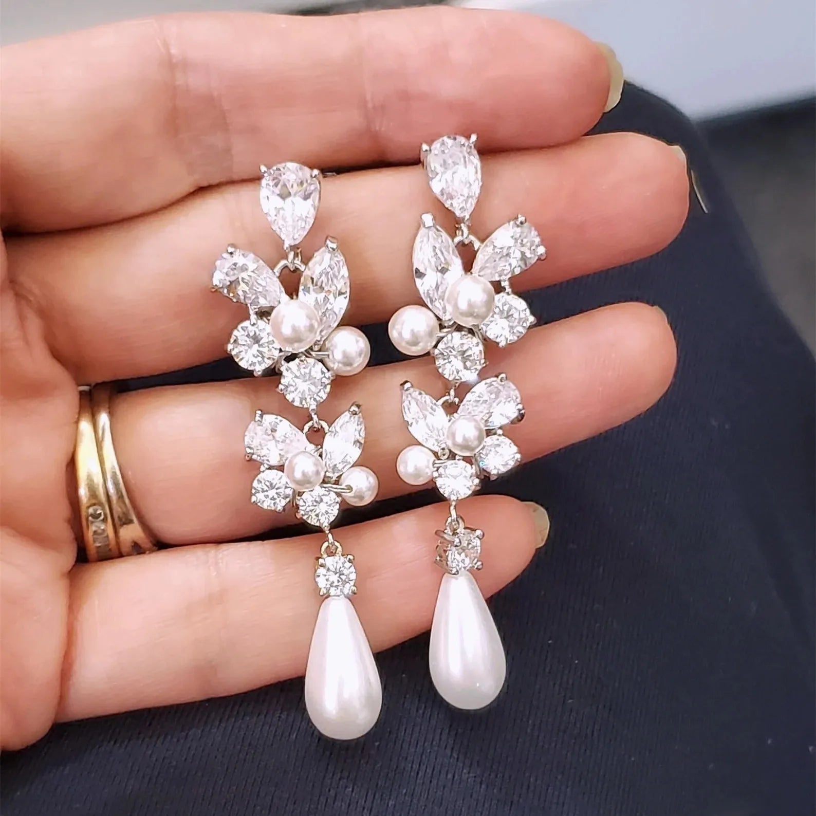 Huitan New Trendy Simulated Pearl Zircon Earrings for Women Elegant Engagement Wedding Bridal Earring Silver Plating