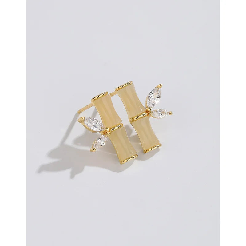 S925 Sterling Silver Statement Earrings Hetian Jade Sapphire Jasper Bamboo Leaf Stud Earrings Temperament Earrings Women