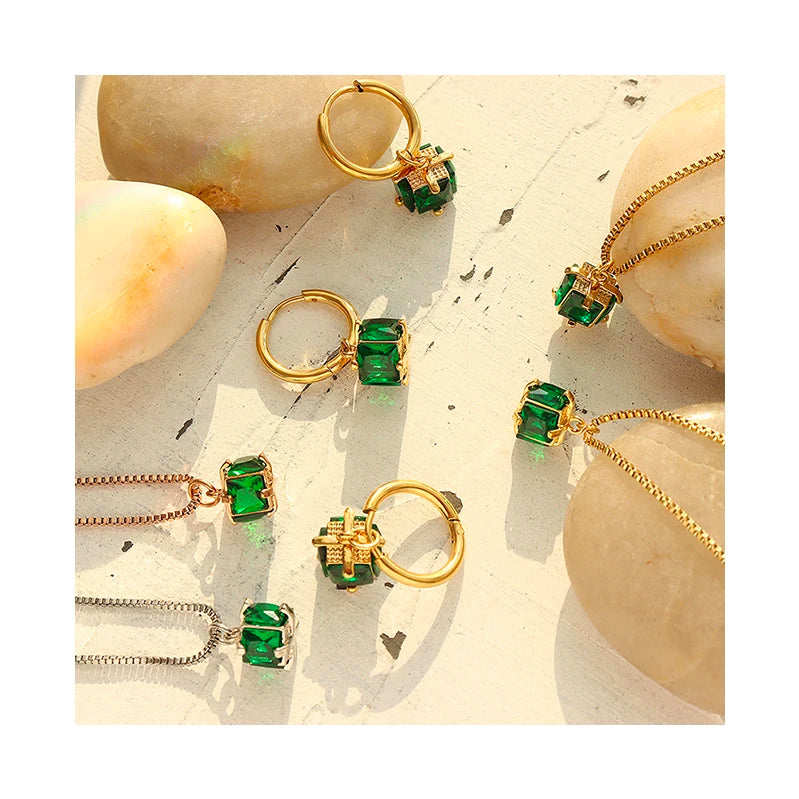 Delicate Emerald Green Zirconia Drop Earrings 18K Gold Plated Stainless Steel Gift Box Drop Earrings Necklace Set