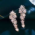 Light Pink CZ Crystal Dangling Long Cluster Flower Drop Earrings for Women Fashion Brand Bridal Wedding Banquet Jewelry