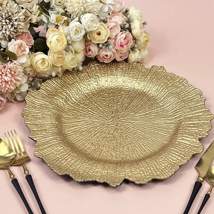 Wholesale Bulk Buy Reusable 13inch Round Gold Plastic Dinner Serving Plate Under Plates Party Wedding Charger Plates