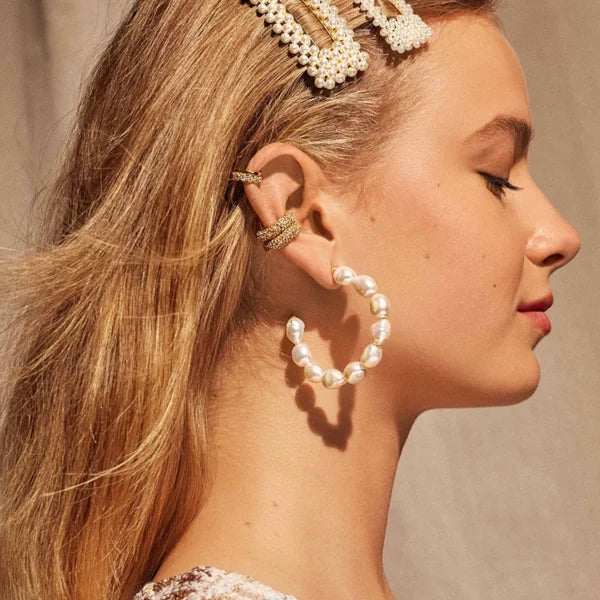 Statement Elegant Stainless Steel CC Shaped Fashion Freshwater Pearl Drop Earrings Hoop Earring for Women Girls Jewelry