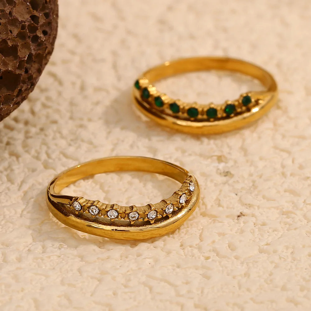 18k Gold Plated Waterproof Jewelry Stainless Steel Double Layer Zircon Colorful White Green Zircon Stacking Rings
