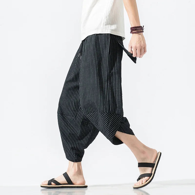 M-5XL Men's Capris Summer New Men's Loose Large Striped Pants Japanese Wide Leg Bloomers