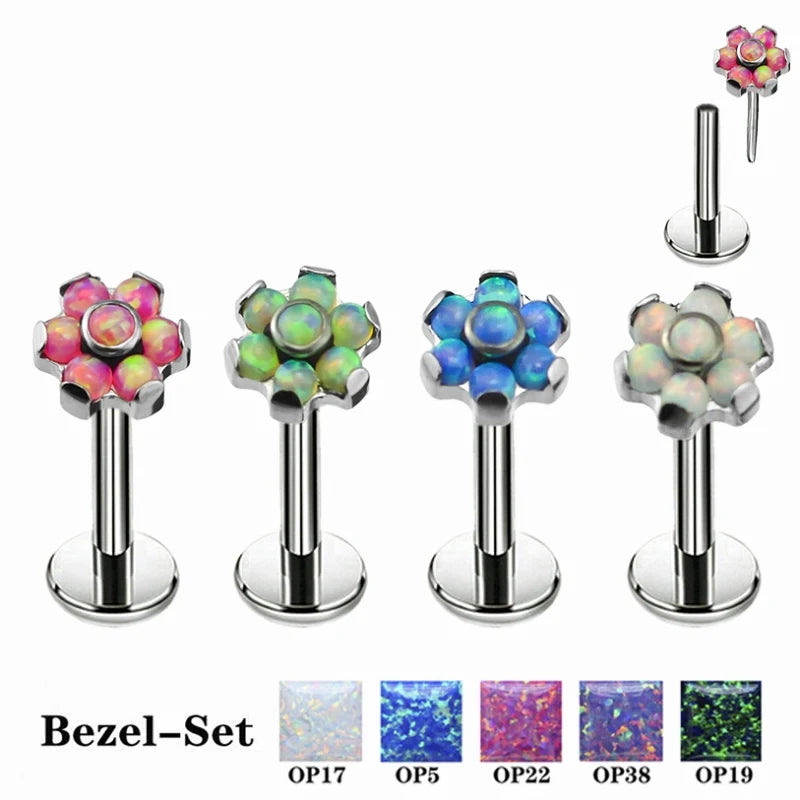Titanium Threadless Bezel Set Opal Stone Flower Push Pin Labret
