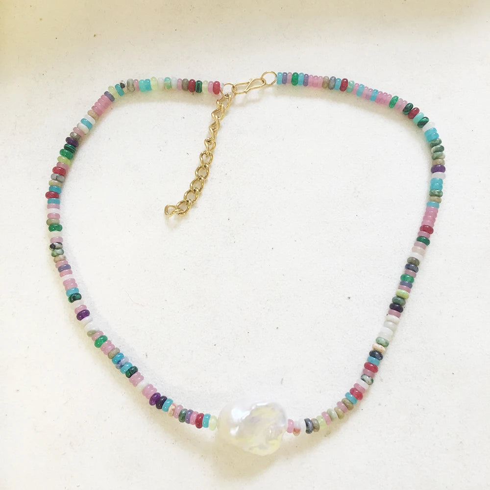 Nature Nature FRESHWATER PEARL and Gem Stone Choker NECKLACE stainless Steel Real Gold Plating Clasp 36-50 CM LENGTH MegaBDM