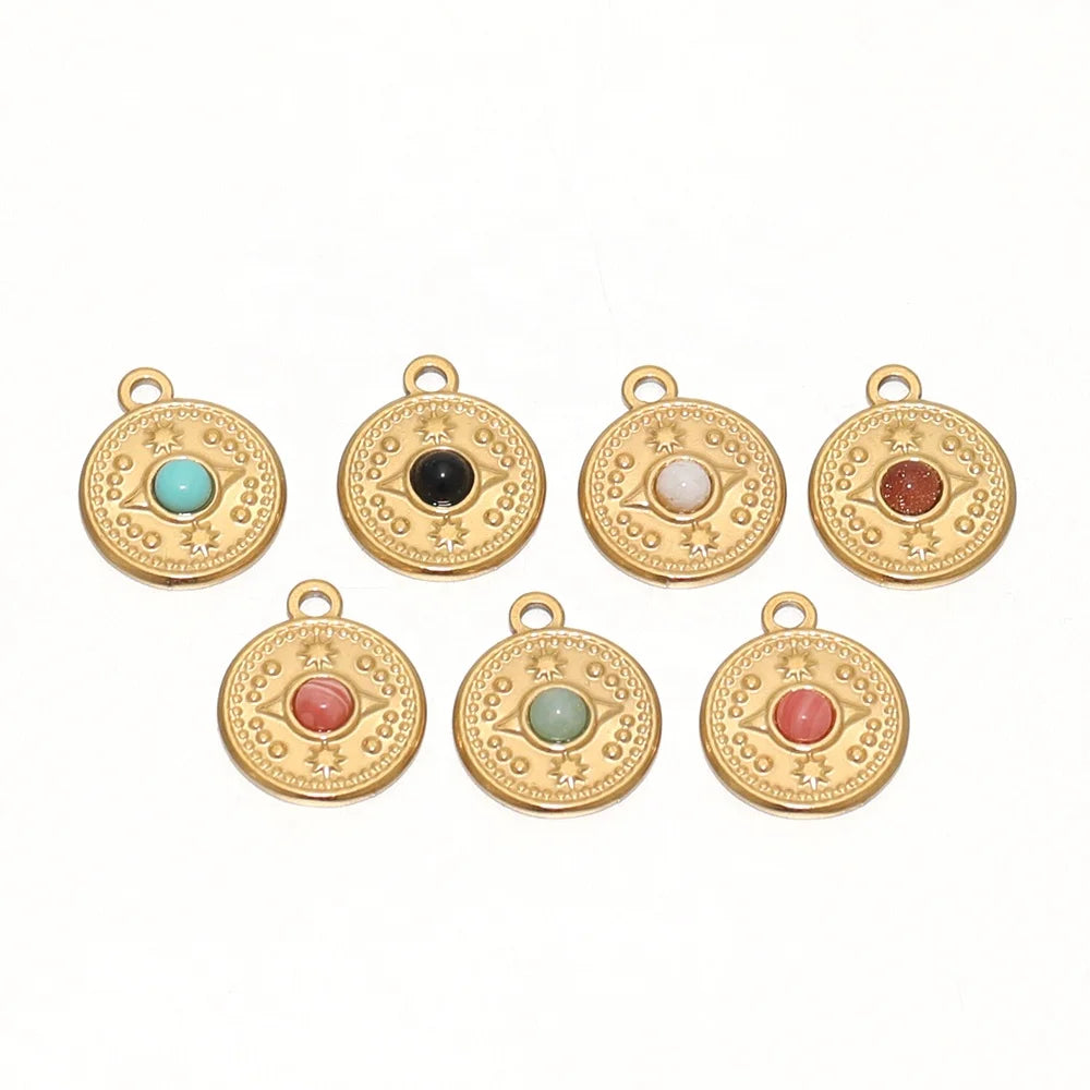 5Pcs Stainless Steel Oil Pressure Sun Compass Embed Gem Charms Pendants for DIY Necklace Materials Earrings Jewelry Making