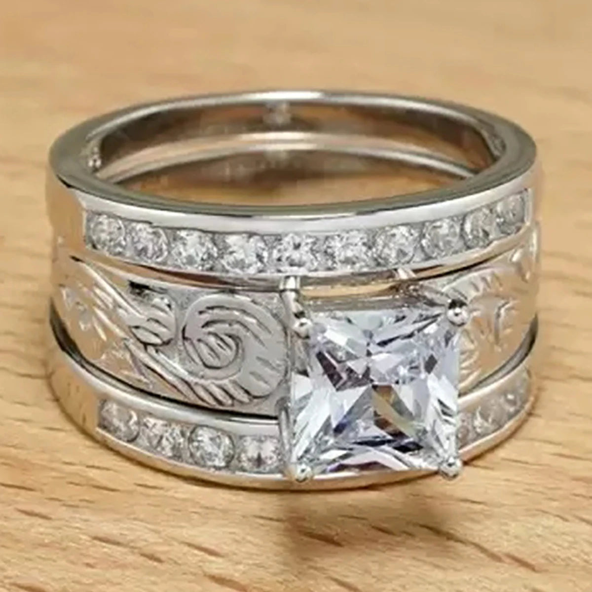 CAOSHI Vintage Flower Pattern Design Square Crystal Cubic Zirconia Band Silver/Gold Plated Rings for Women Engagement CZ Rings