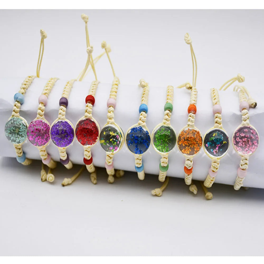 Adjustable Friendship String Cord Dry Flower Embossed in Glass Bead Charm Bracelet Jewelry Wholesale Bulk China Supplier