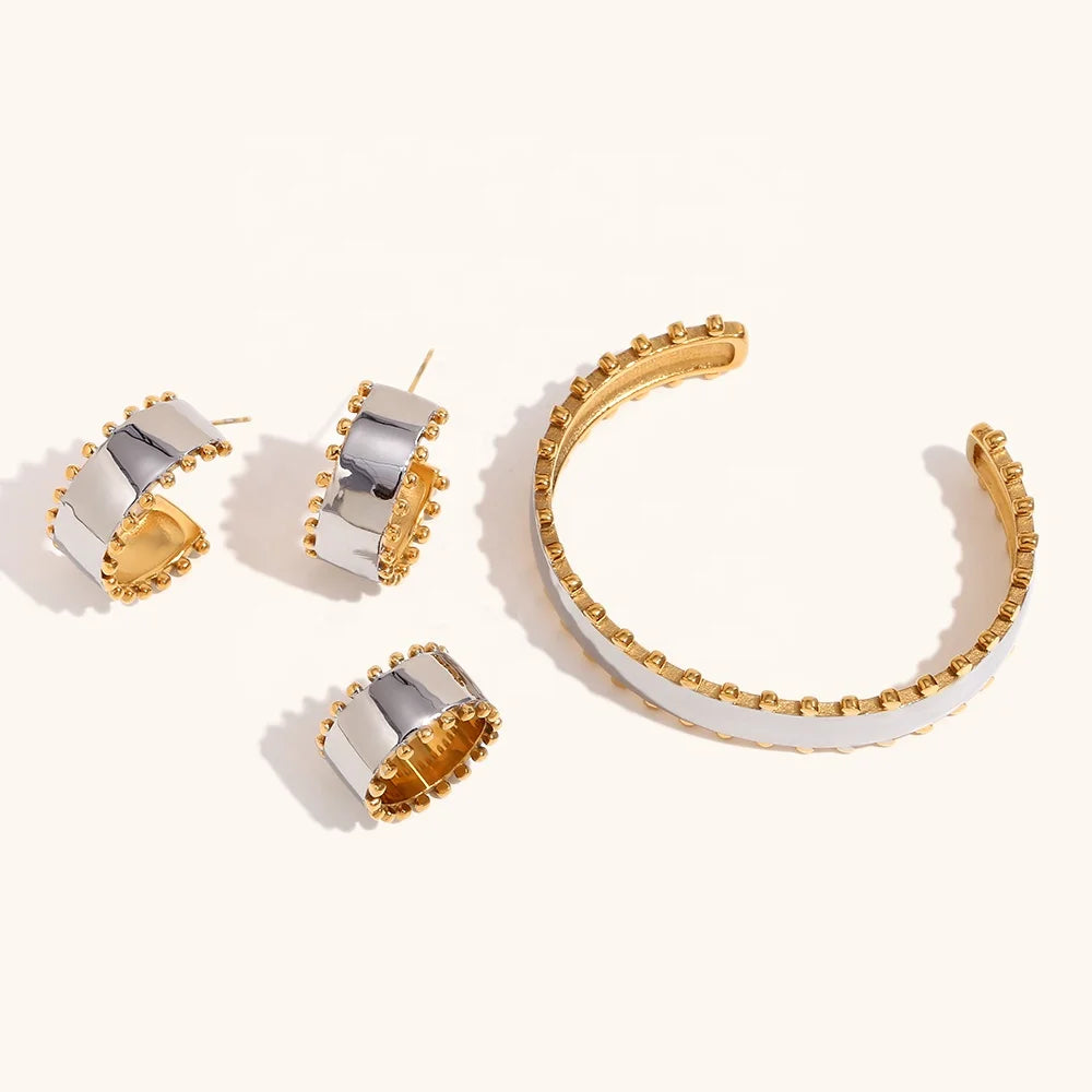Dingran New Fashion 2025 Design Stainless Steel Gold Plated Bead Glossy Bangle & Earring & Ring Set