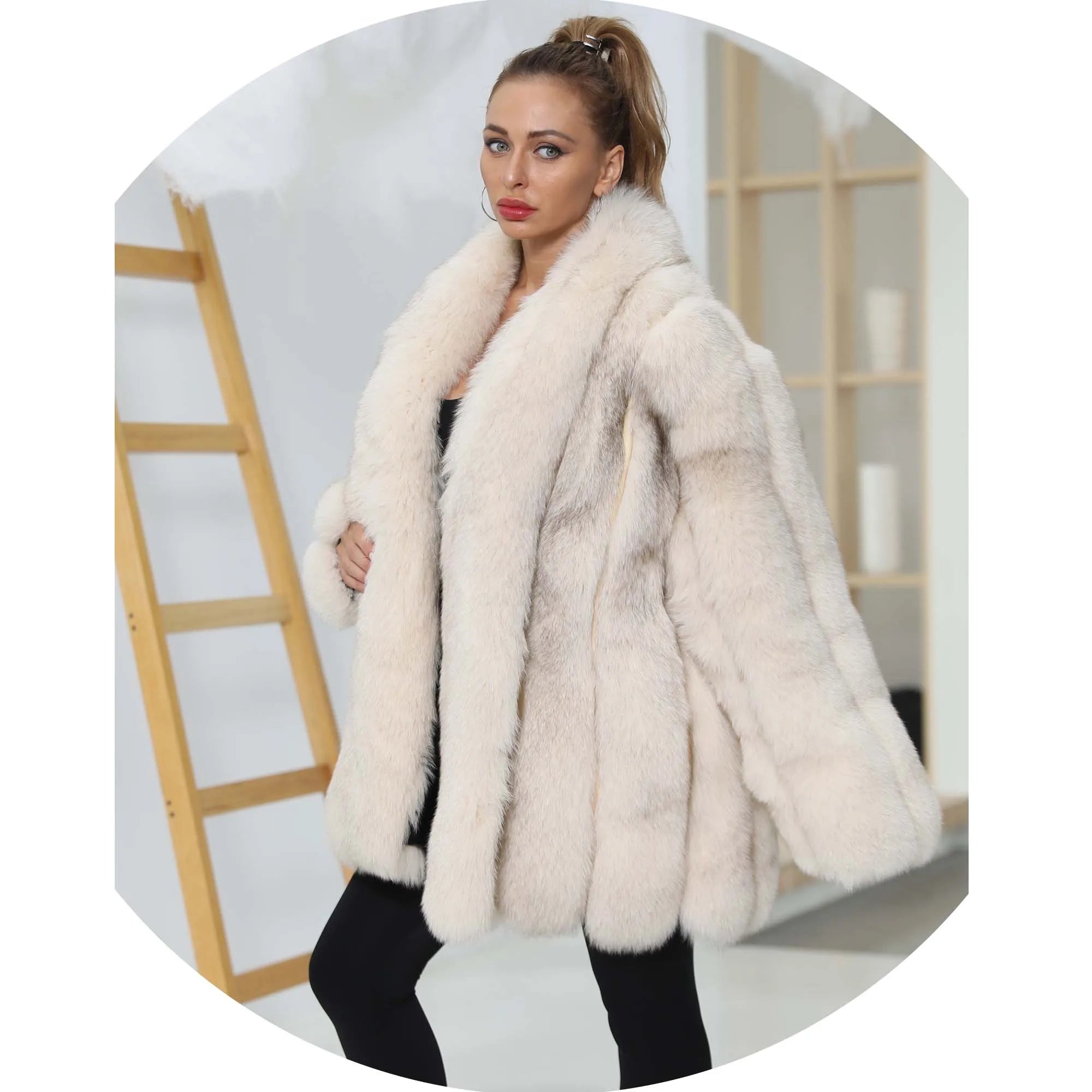 Windproof Warm Vertical Fur Line Pattern Long Thick Real Fox Fur Coat Jacket