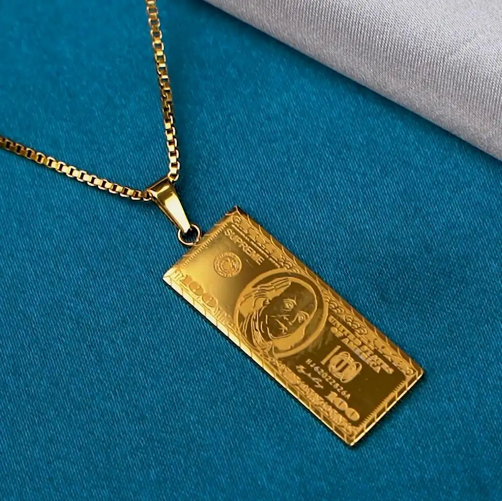 Street Wear $100 Us Dollar Bill Banknote Pendant Rich Money Necklace Stainless Steel Box Chain Hips Hops Dollar Sign Necklace