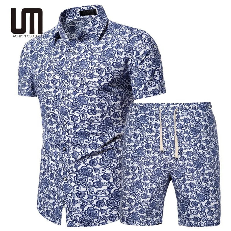 Men's Summer New Design Plus Size 5XL Casual Clothing Hawaii Print Short Sleeve Shirt with Breathable Shorts Set
