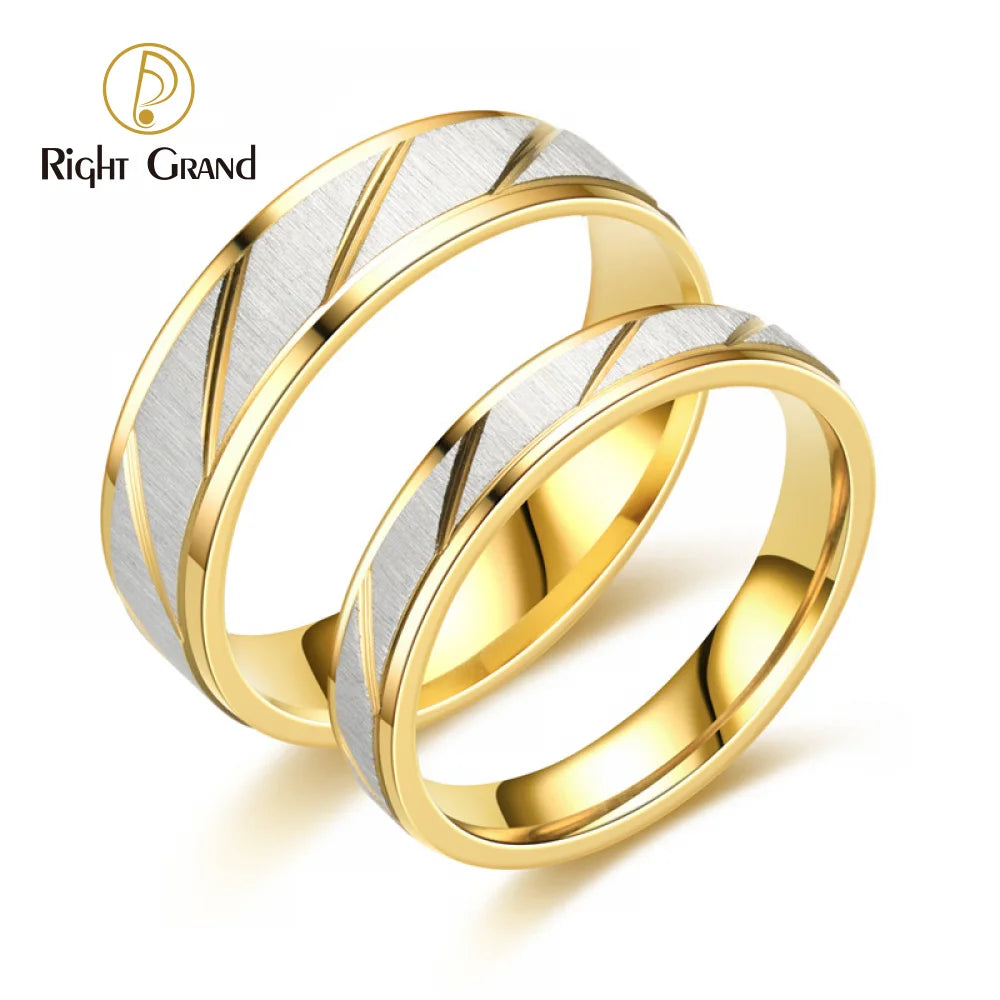 Wholesale Custom Jewelry Stainless Steel Gold Plated Striped Wedding Engagement Couple Ring Set Valentine's Gift