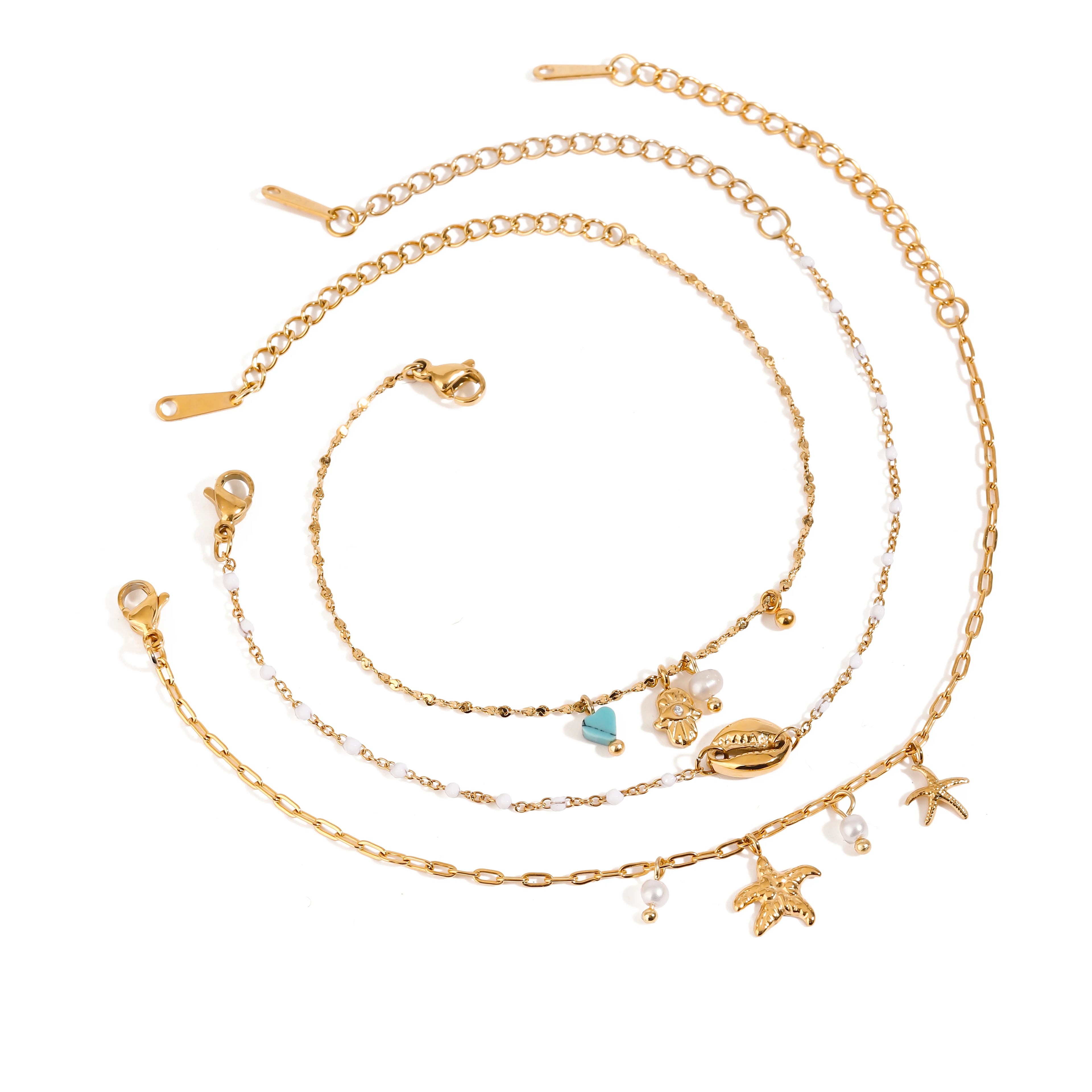 J&D Ocean 18K Gold Plated Stainless Steel Evileye Bracelets Set Starfish Shell Charm Bracelets for Women Trendy for Holidays