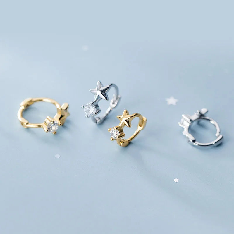 Fashion 8MM 10MM Single Zircon Star Jewelry S925 Sterling Silver Clip Earrings on Ear for Girls