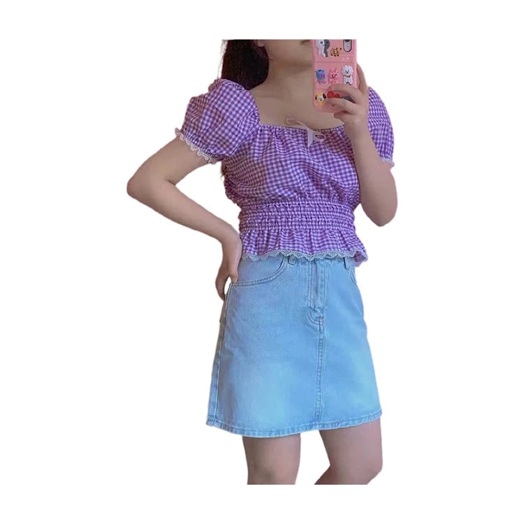 Women's Loose Fit Casual Blouse Tops New Arrival Summer Plaid Woven Front Logo Quality Skinny Fit Shirt for Girls
