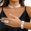 Ethnic 3 Layer Faux Pearl Turquoise Beaded Necklace Bling Rhinestone Crystal Pearl Earrings Bracelet Choker Jewelry Set