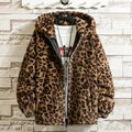 S-4XL Winter Leopard Print Couple Faux Plush Jacket Men's Korean Version Thickened Loose Student Hooded Jacket
