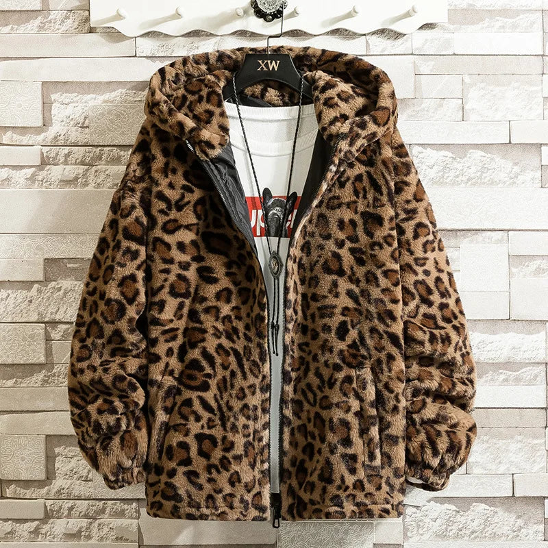 S-4XL Winter Leopard Print Couple Faux Plush Jacket Men's Korean Version Thickened Loose Student Hooded Jacket