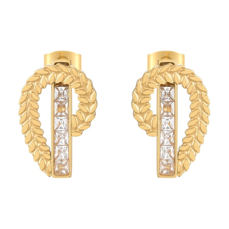 18K Gold Plated Stainless Steel Jewelry Olive Branch Leaf Shaped Zircon Ear Studs  Accessories Earrings E221397