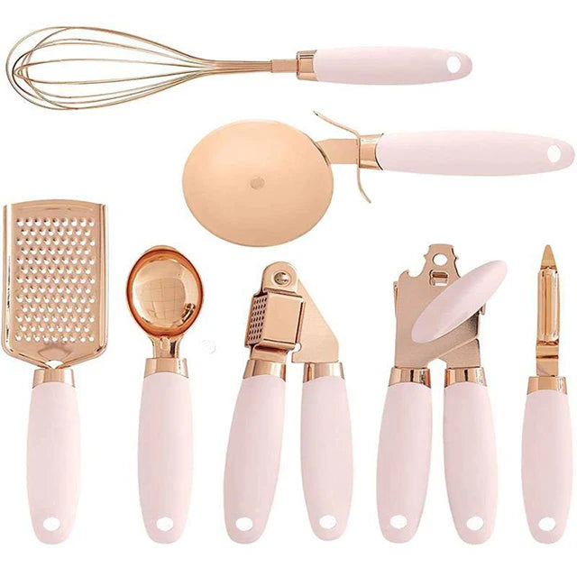 7-Piece Eco-Friendly Food Safe Stainless Steel Kitchen Utensil Set with Silicone Handles and Accessory Tool Kit
