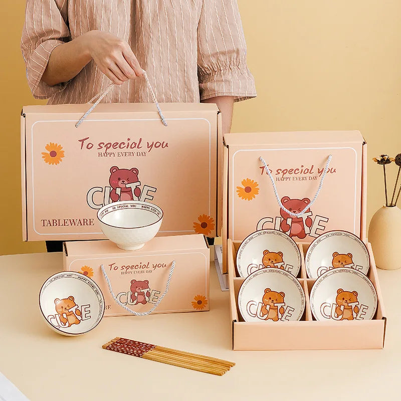 Sustainable Round Ceramic Tableware Set-Dishes Chopsticks and Bowl Gift Box Cartoon Design for Home or Business Use
