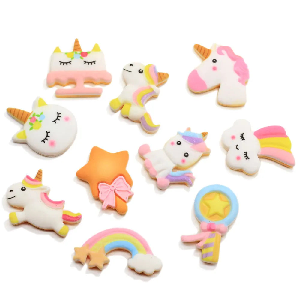 Cute 100Pcs Cartoon Unicorn Rainbow Biscuits Flatback Resin Cabochon Simulation Food Cabochon Crafts DIY Scrapbooking Hair