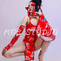 Women Gogo Chinese Style Crane High Fork Performance Costume Red Dance Bodysuit