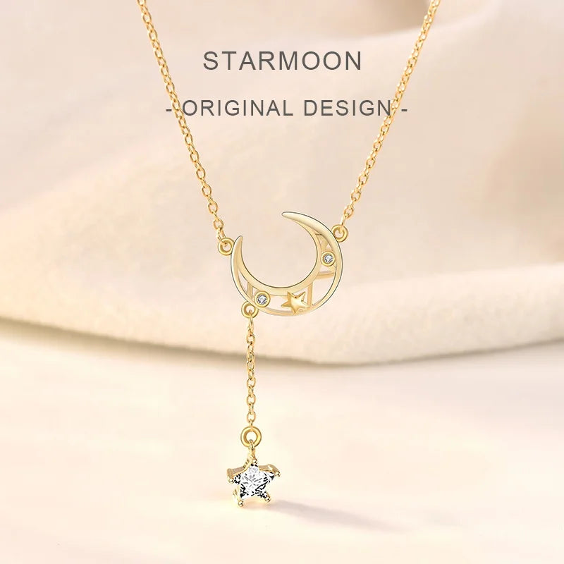MA53 925 Sterling Silver Star Moon Simple Elegant Temperament Tassel Necklace for Women Choker Collares Wedding Jewelry Necklace