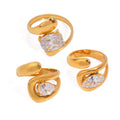 Fashion Waterproof Women Jewelry Stainless Steel 18k Gold Plated Big Asymmetrical Zircon Open Adjustable Ring Non Tarnish