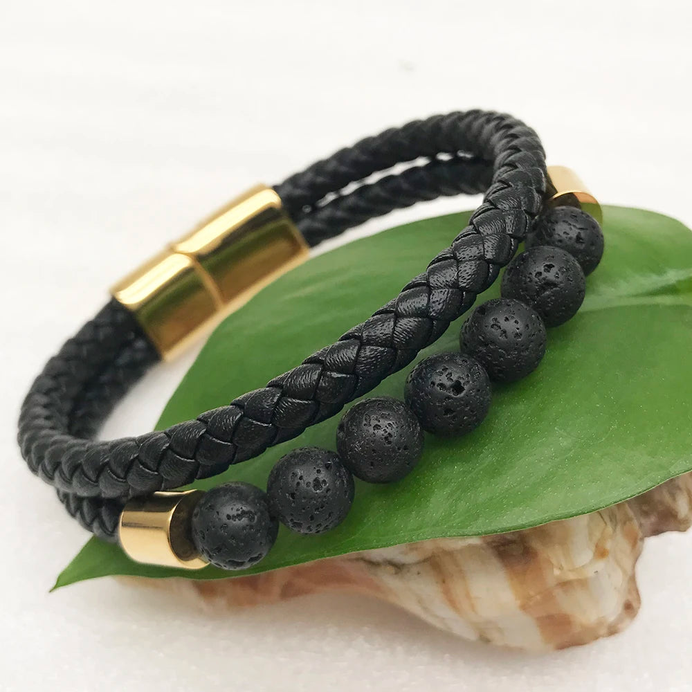 Genuine Leather Bracelet for Man Natural Stone Bead Reiki Healing 7 Chakra Genuine Leather Bracelet with Magnetic Clasp for Men