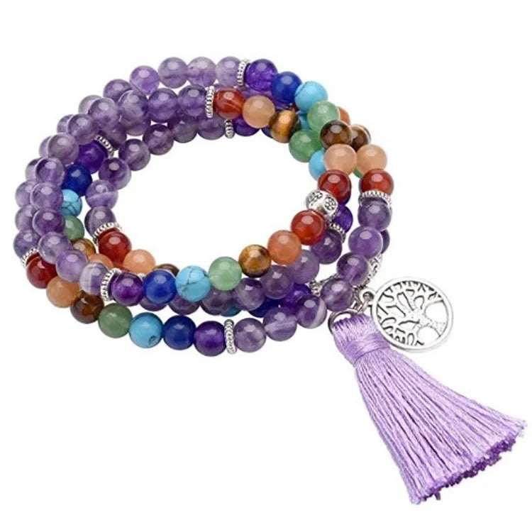 108 Mala Beads Bracelet 6mm Natural Stone Gemstone Crystal Wrap Bracelet Tree of Life Tassel Yoga Bracelet