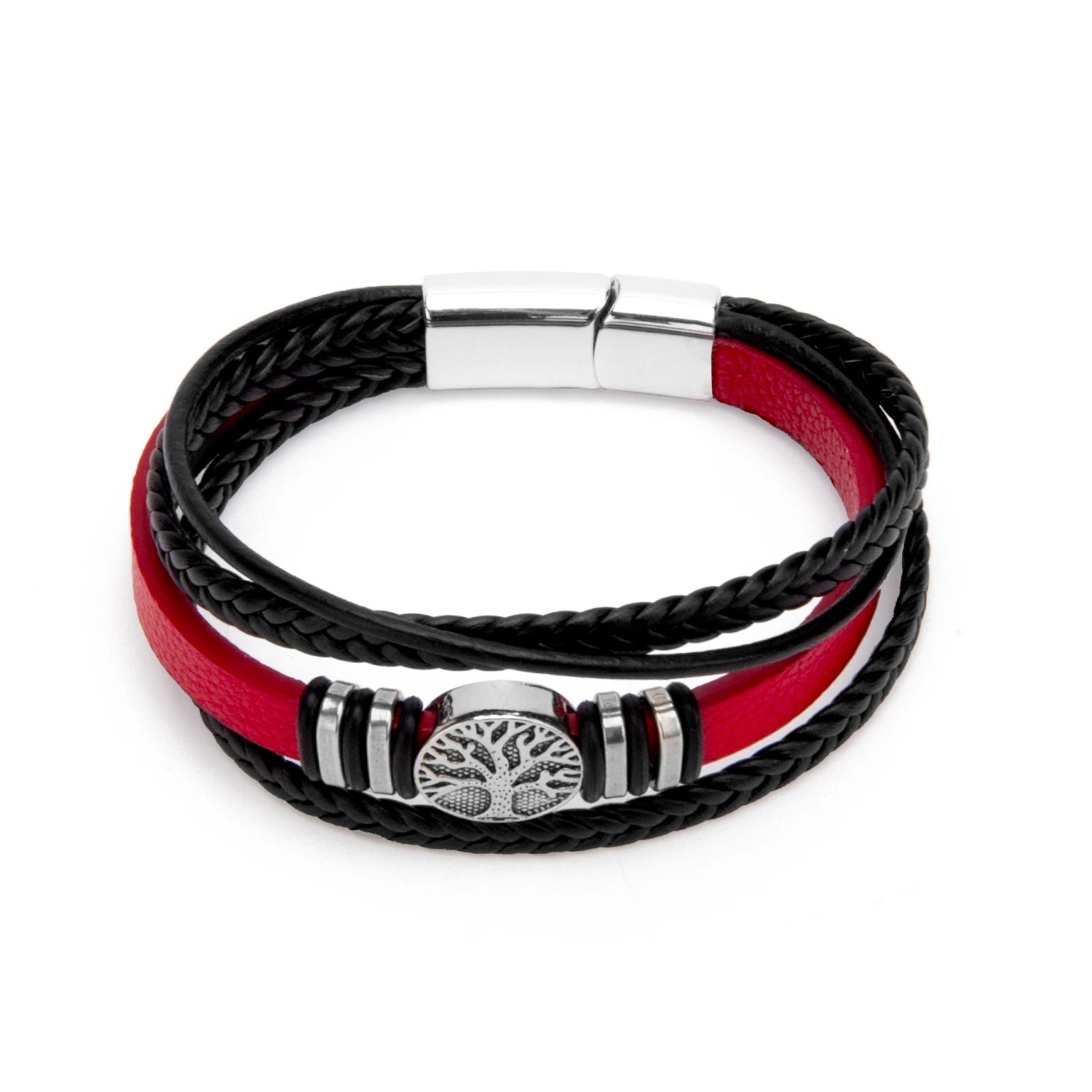 Daili Two-tone Braided Red and Black Bracelet for Men Leather Bracelet with Silver Magnetic Closure Tree of Life Pendant