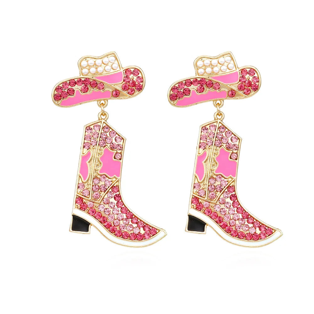 Fashion Hanging Stud Earrings Enamel Rhinestone Earrings Cowboy Hat Boots Earrings for Women