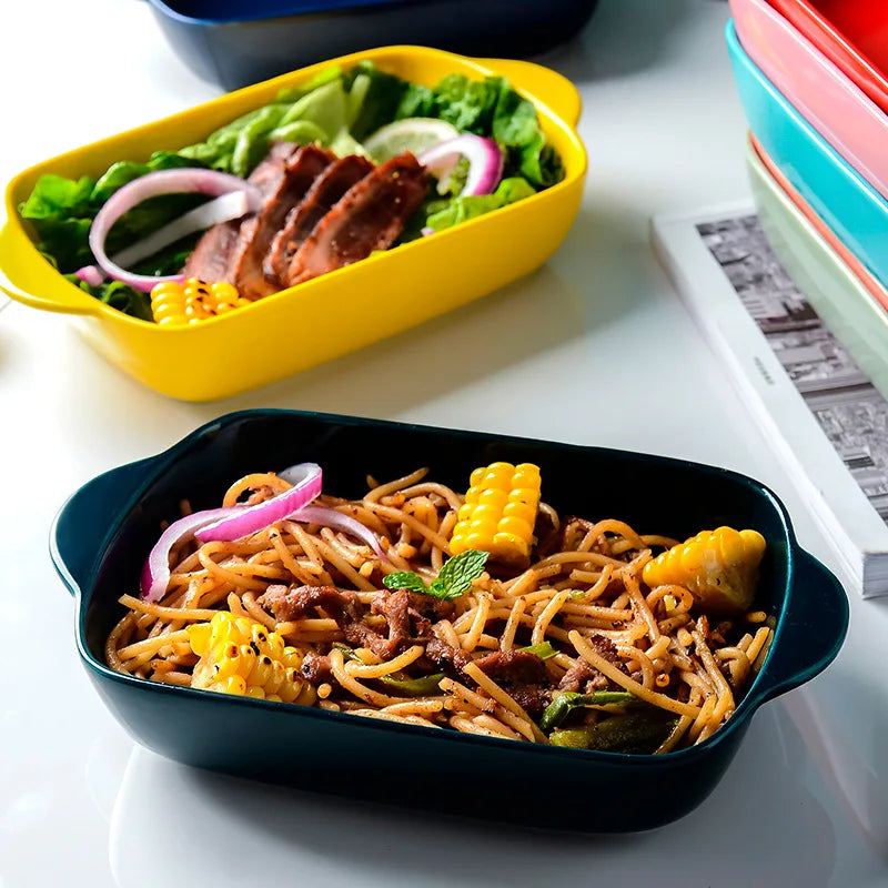 Wholesale Custom Color Rectangle Bread Cake Bakeware Pans Handle Design Ceramic Baking Tray