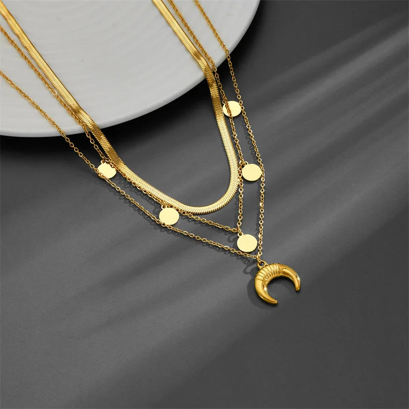 DAIHE Star Light Inverted Crescent Moon Three-layer Necklace for Women Bohemian Style Stainless Steel Snake Bone Sweater Chain