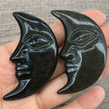 DIY Hand Carved Natural Blue Purple Flash Labradorite Plam Stone Carving Sun And Obsidian Moon with Face